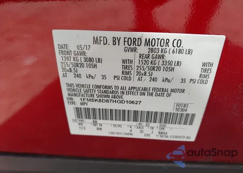 2017 Ford Explorer Xlt z USA, uszkodzony, nr VIN 1FM5K8D87HGD10627